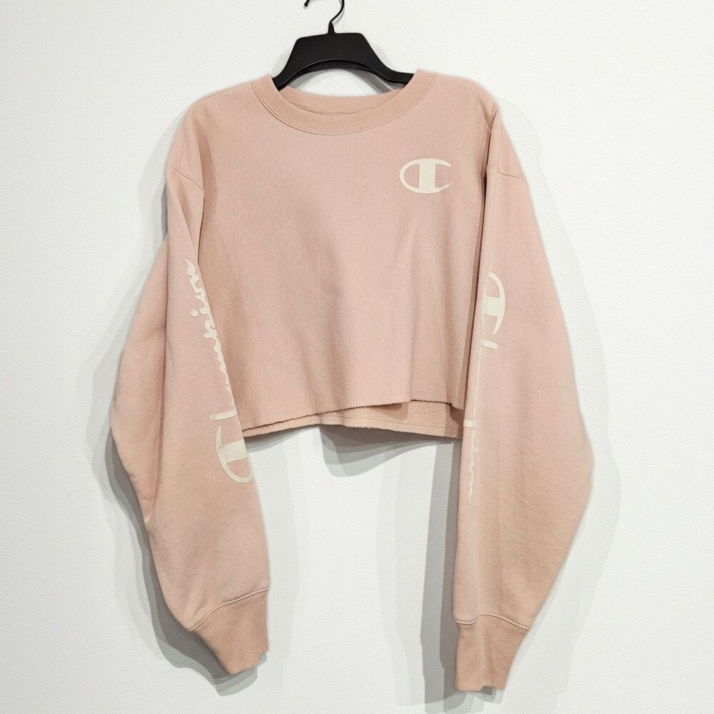Champion L Reverse Weave Cropped Crew Neck Sweatshirt Powder Pink Ribbed Sides
